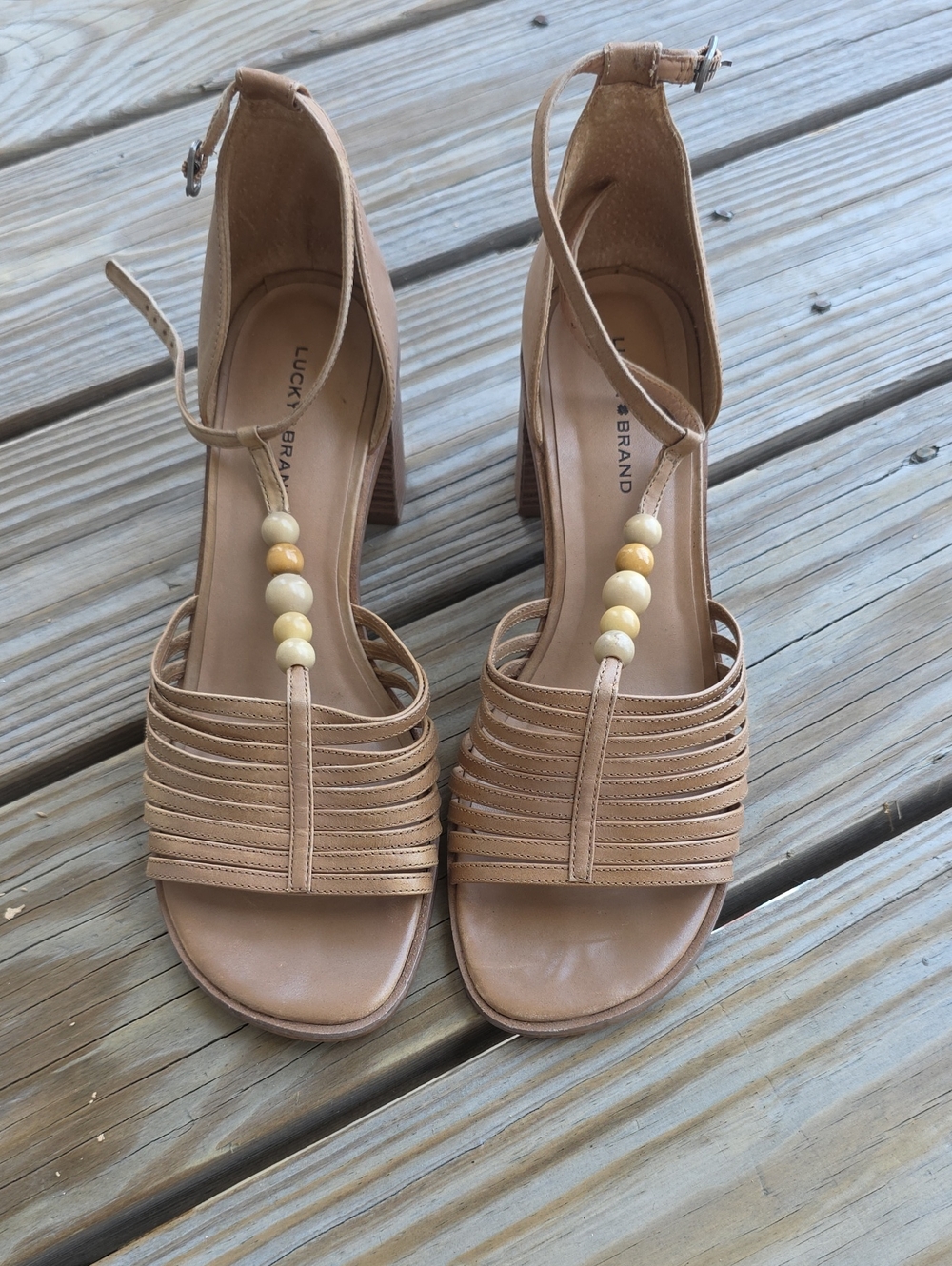 Lucky Brand Nude/Tan Strappy Beaded Block Heel Sandals